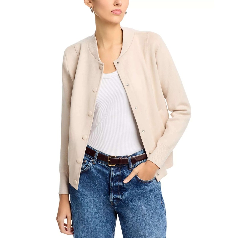 Sioni Womens M Beige Bomber Jacket Faux Suede Snap Front Collared #18